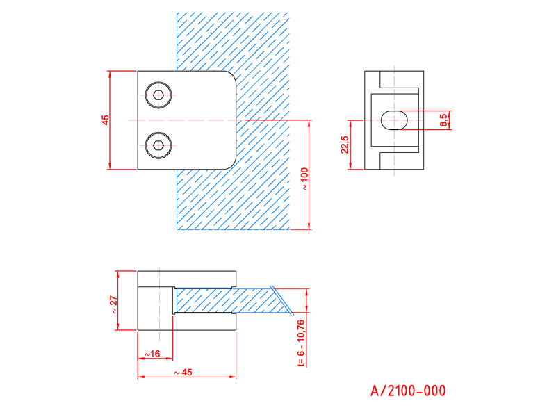Glashalter 45/45 mm mit flachem Ansatz | Edelstahl V2A | Glasklemme Klemmhalter