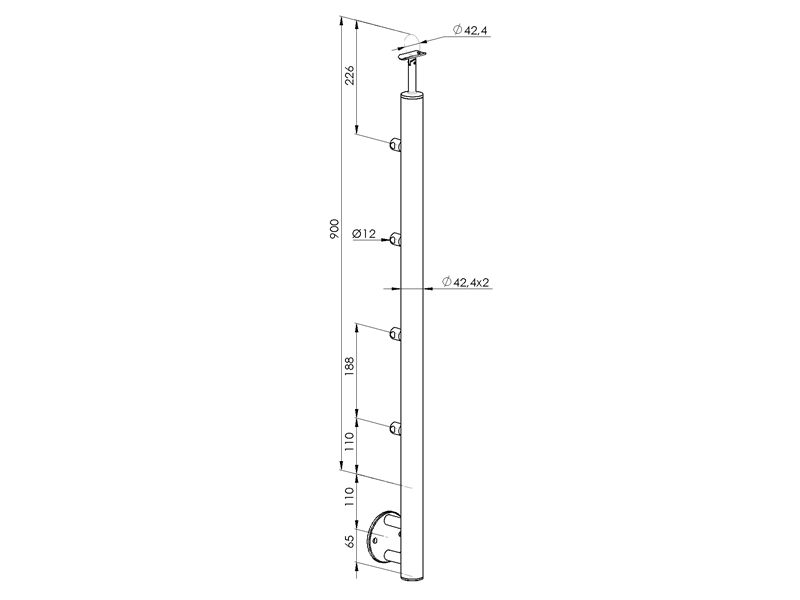 Geländerpfosten 900mm | seitliche Montage | Ø 42,4x2,0 mm | V2A |  5 Querstabhalter