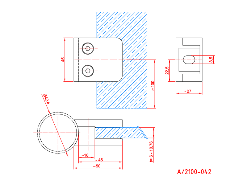 Glashalter 45/45 mm für 42,4 mm Rohr | Edelstahl V2A | Glasklemme Klemmhalter