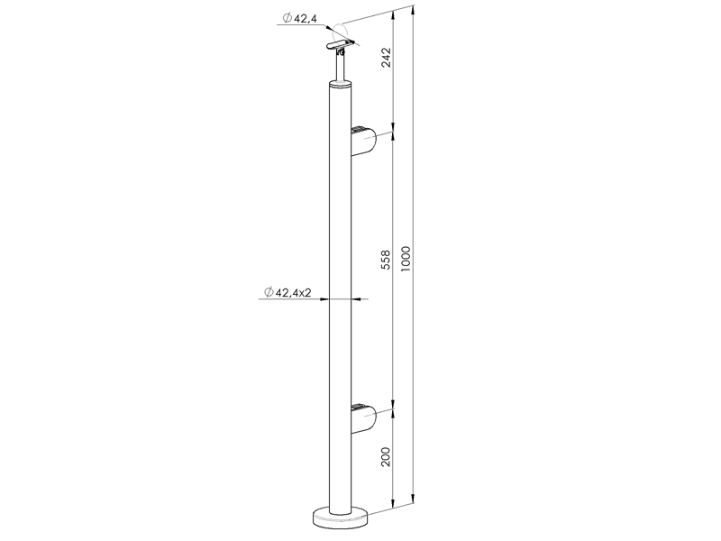 Geländerpfosten 1000mm | Rechts | für Glas | Ø 42,4x2,0 mm | Bodenmontage | Edelstahl V2A