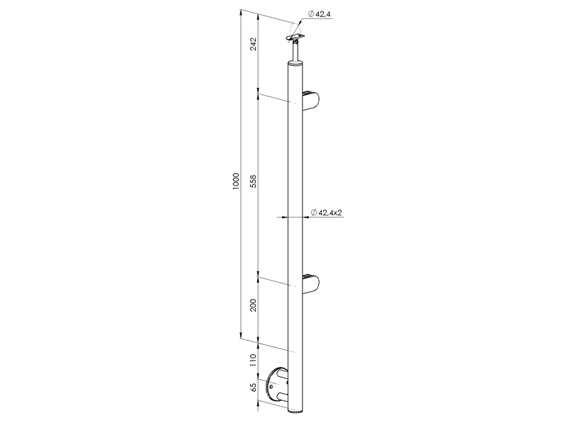 Geländerpfosten 1000mm | Rechts | für Glas | Ø 42,4x2,0 mm | seitliche Montage | Edelstahl V2A