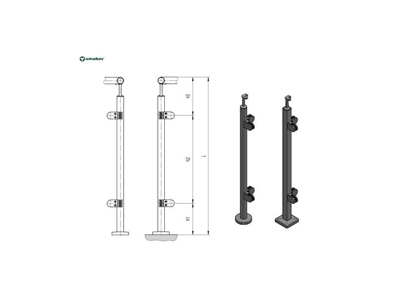 Geländer Eckpfosten 1100mm | für Glas | Ø 42,4x2,0 mm | Bodenmontage | Edelstahl V2A
