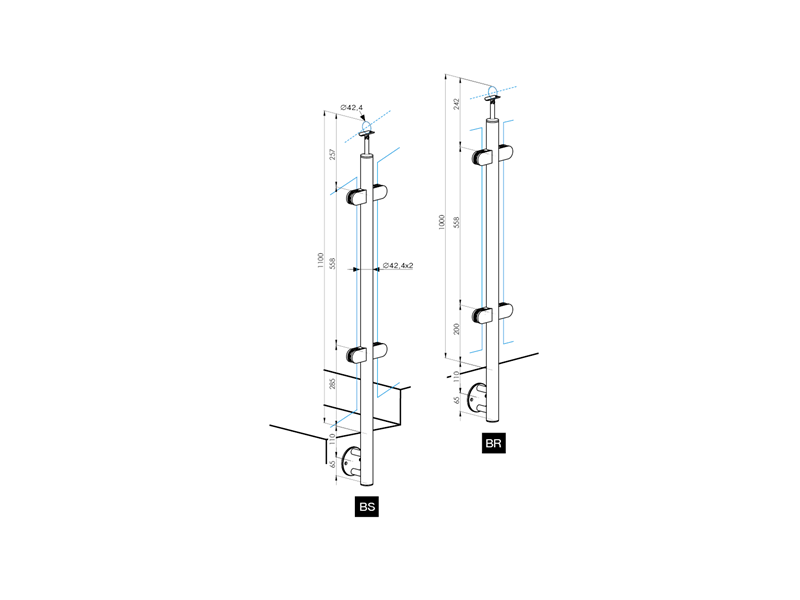 Geländer Eckaußenpfosten 1000mm | für Glas | seitliche Montage | Ø 42,4x2,0 mm | Edelstahl V2A