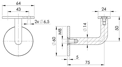 Edelstahl Handlaufträger mit flacher/runde 42 mm Anschraubplatte (rund 42,4)