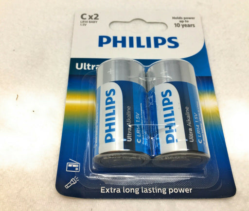 New Phillips Ultra Alkaline C LR14 1.5V Batteries 2 Pack Power