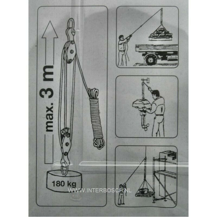 Handflaschenzug 180 kg Flaschenzug Hubhöhe 3m Kunstoffseil 20m, Seilzug