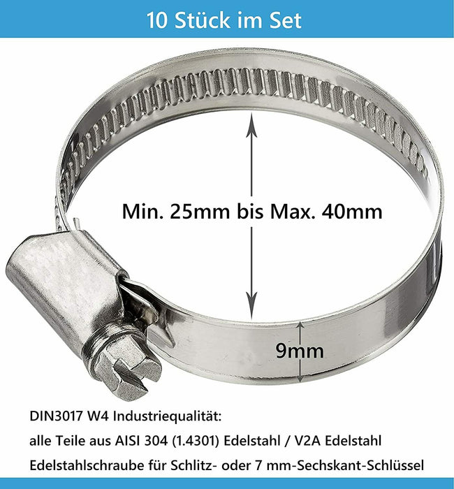 10x Schlauchschellen Rohr Schelle Edelstahl V2A Bandbreite 9mm DIN 3017 W2 25-40