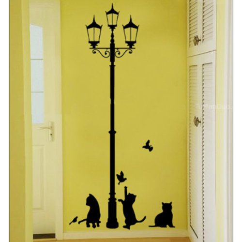 Fuloon Schwarze Katzen und Straße Licht Wandtattoo Wandaufkleber Wandsticker für Wohnzimmer Schlafzimmer Kinderzimmer