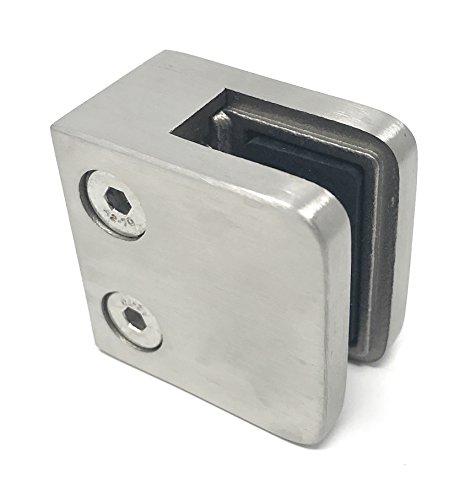 Edelstahl Glashalter für Glasstärke 8,0 mm mit Gummi-Satz Glasklemme 45/45 mm mit flachem Ansatz aus V2A mit Montagewerkzeug Bayram®