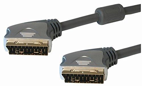 Hi-End-Scart-Kabel, vergoldet 2,5 m mit verchromten Vollmetall-Steckern, vollbeschaltet mit Einzelabschirmung und Koaxialleitern, 2 Mantelstromfilter