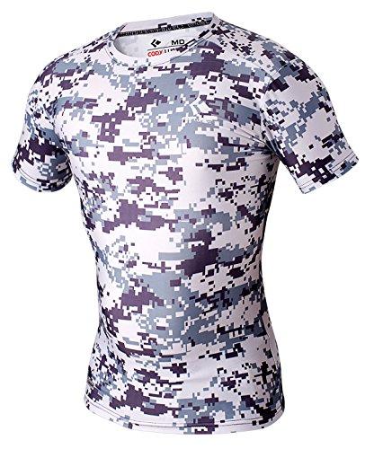 Cody Lundin® Herren Fitness Mosaik Camo Kurzarm Hemd Sport Kompression Kurzes Ärmel T-Shirt Drucken Tarnkleidung (L, Grau Mosaik)