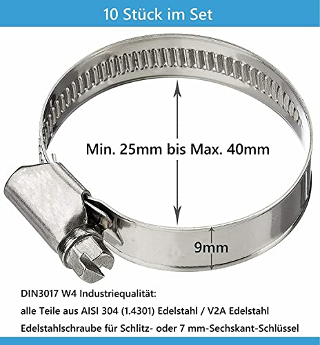 Schlauchschellen 25-40 mm aus W4 Edelstahl, 1 Stück, Bandbreite 9 mm, Rostfreien V2A Schlauchklemmen Schlauch Clips Rohrschellen für Gartenschlauch, Teich, Sprinkler, Pool