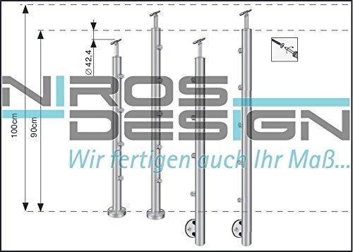 Geländerpfosten mit 4 Glashalterungen für 10 mm Glas. Mittelpfosten, Handlaufaufnahme, von der Seite montierbar, Profi-Qualität