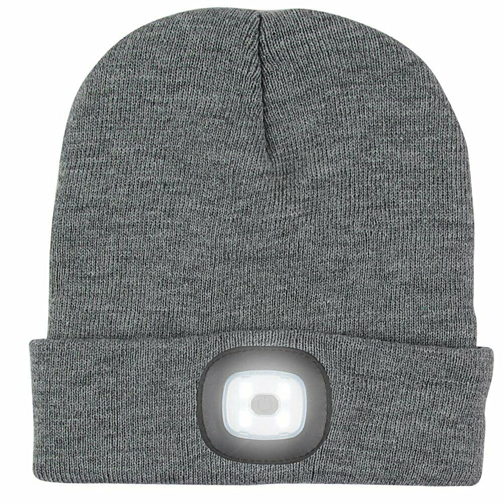 1x GRAU LED Mütze mit Licht, Beleuchtete Mütze Aufladbar USB für Männer und Frauen, Einstellbare Helligkeit Stirnlampe Winter Beanie Mütze mit Licht, Unisex Winter Wärmer Strickmütze mit Licht