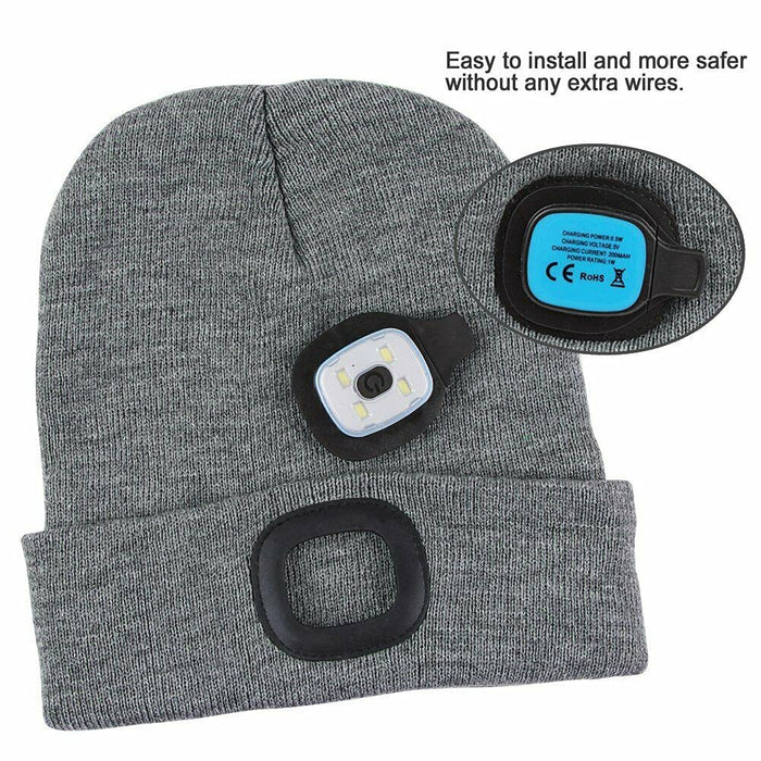 1x GRAU LED Mütze mit Licht, Beleuchtete Mütze Aufladbar USB für Männer und Frauen, Einstellbare Helligkeit Stirnlampe Winter Beanie Mütze mit Licht, Unisex Winter Wärmer Strickmütze mit Licht