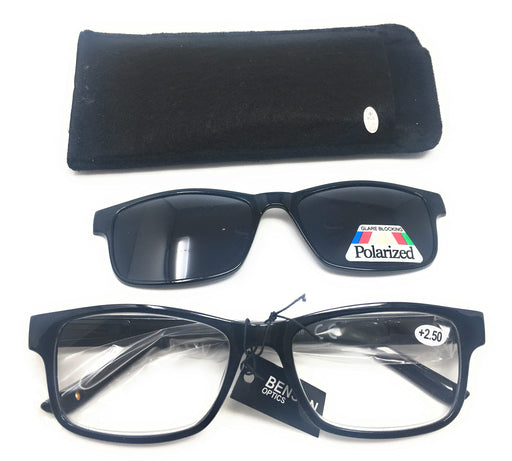 Lesebrille mit getöntem Magnet Clip-on Lesehilfe Sonnenbrille Pol Überbrille Stärke 1,5 schwarz